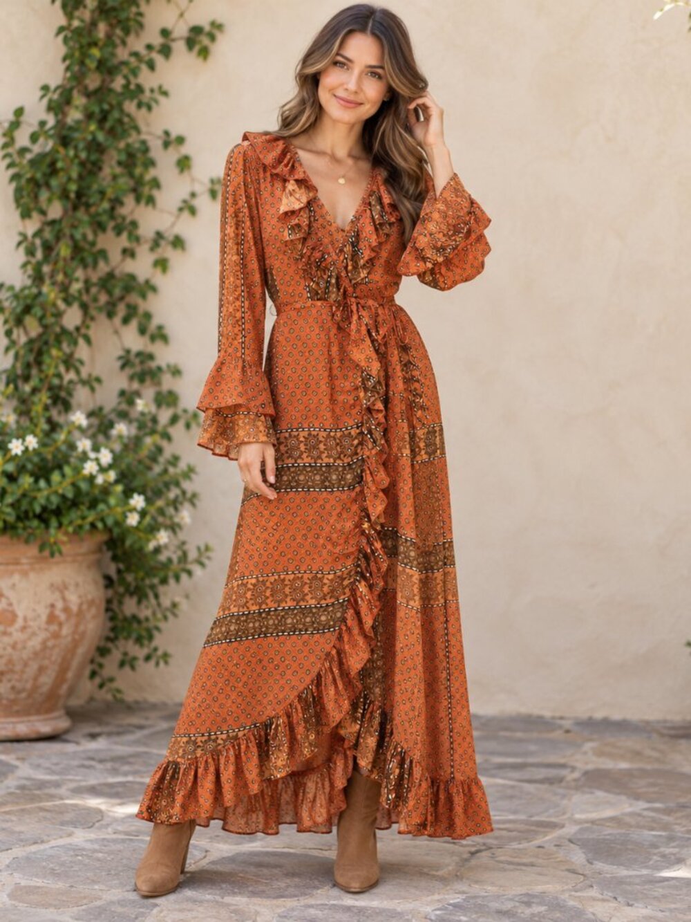Gardenbelle Shop Rust Boho Ruffle Midi Dress Hand Dyed NWT